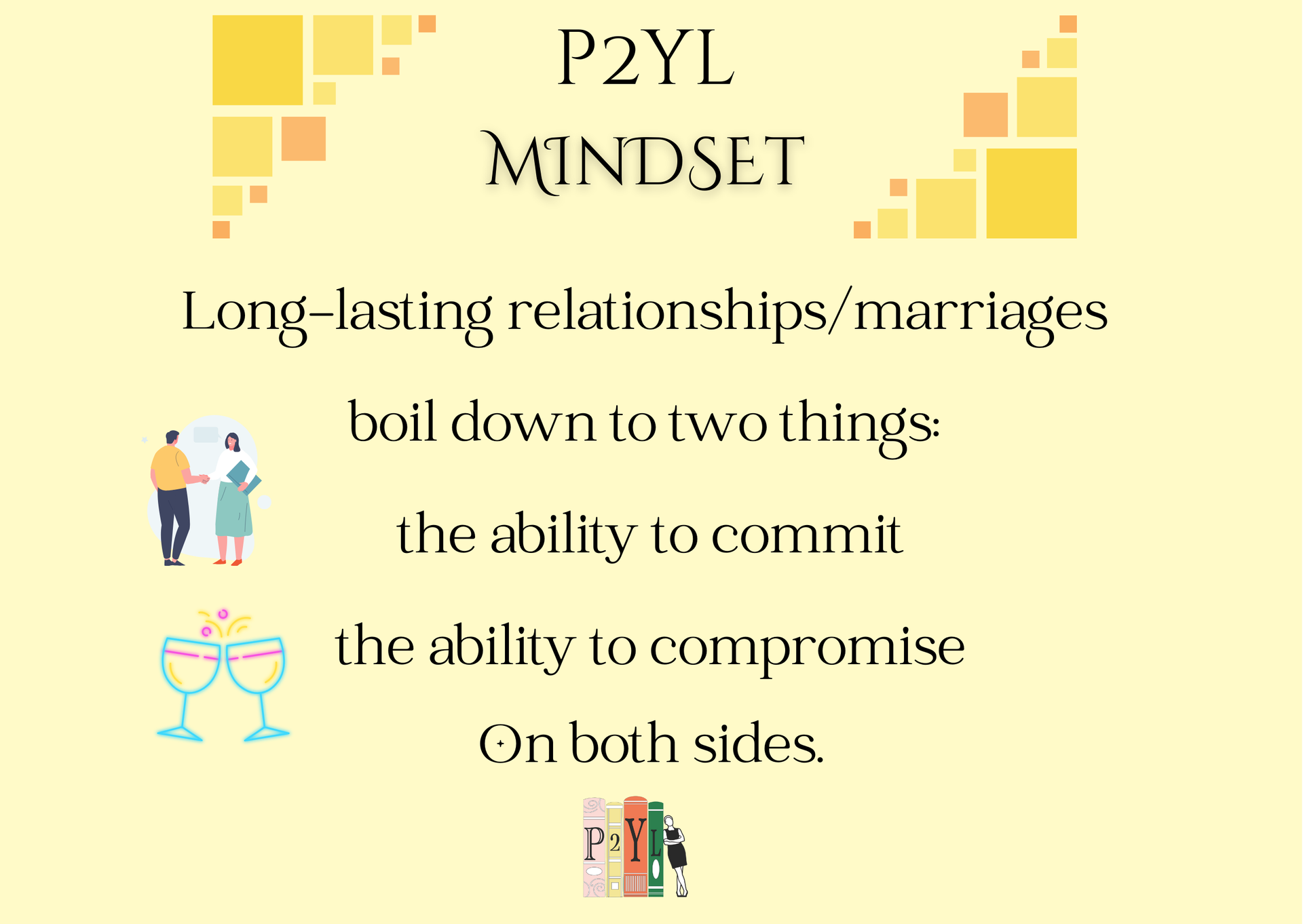 Text overlay stating that long-lasting relationships require commitment and compromise on both sides, on a yellow background.