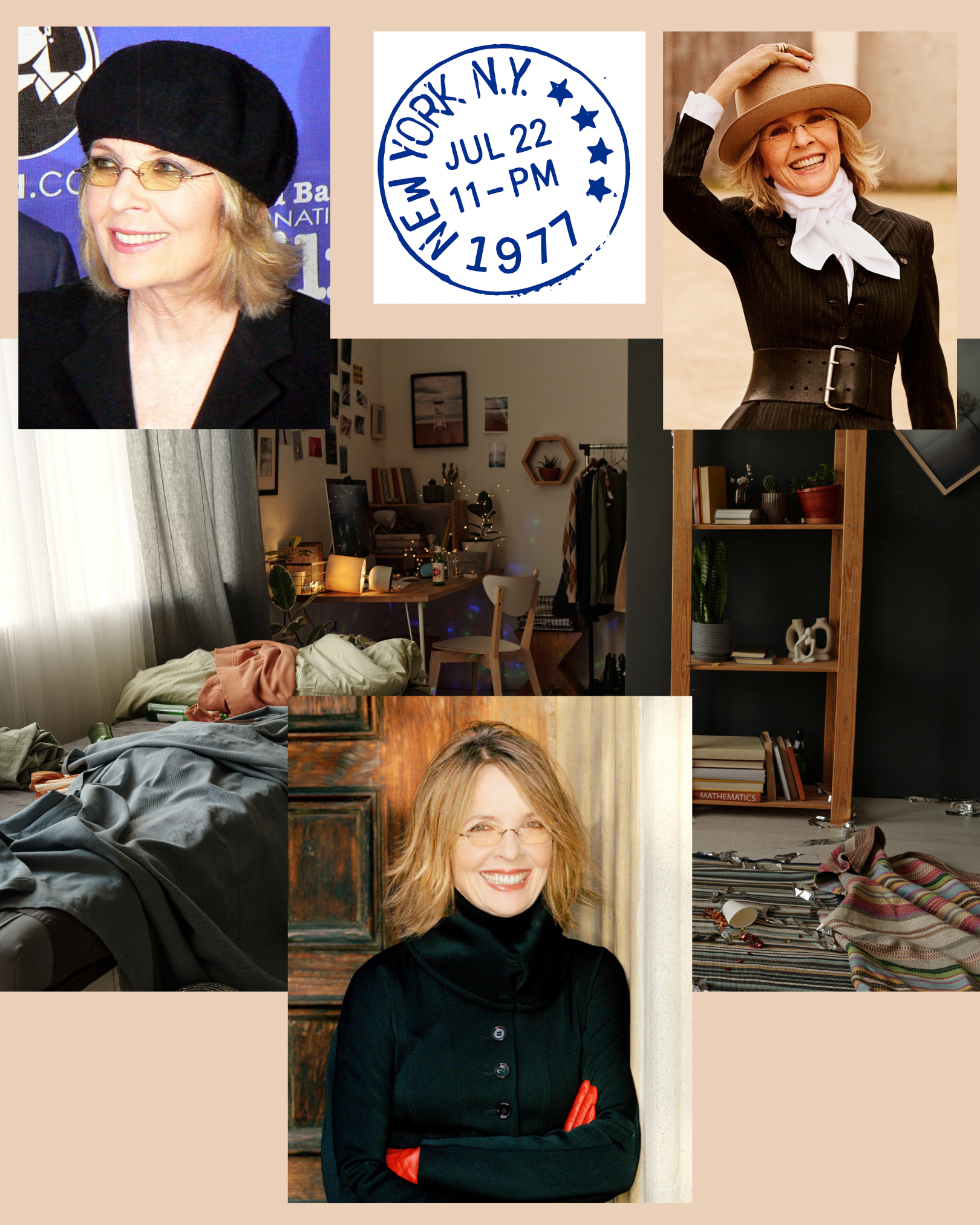 A collage featuring Diane Keaton in various outfits, a New York postal stamp from 1977, and an interior room setting.