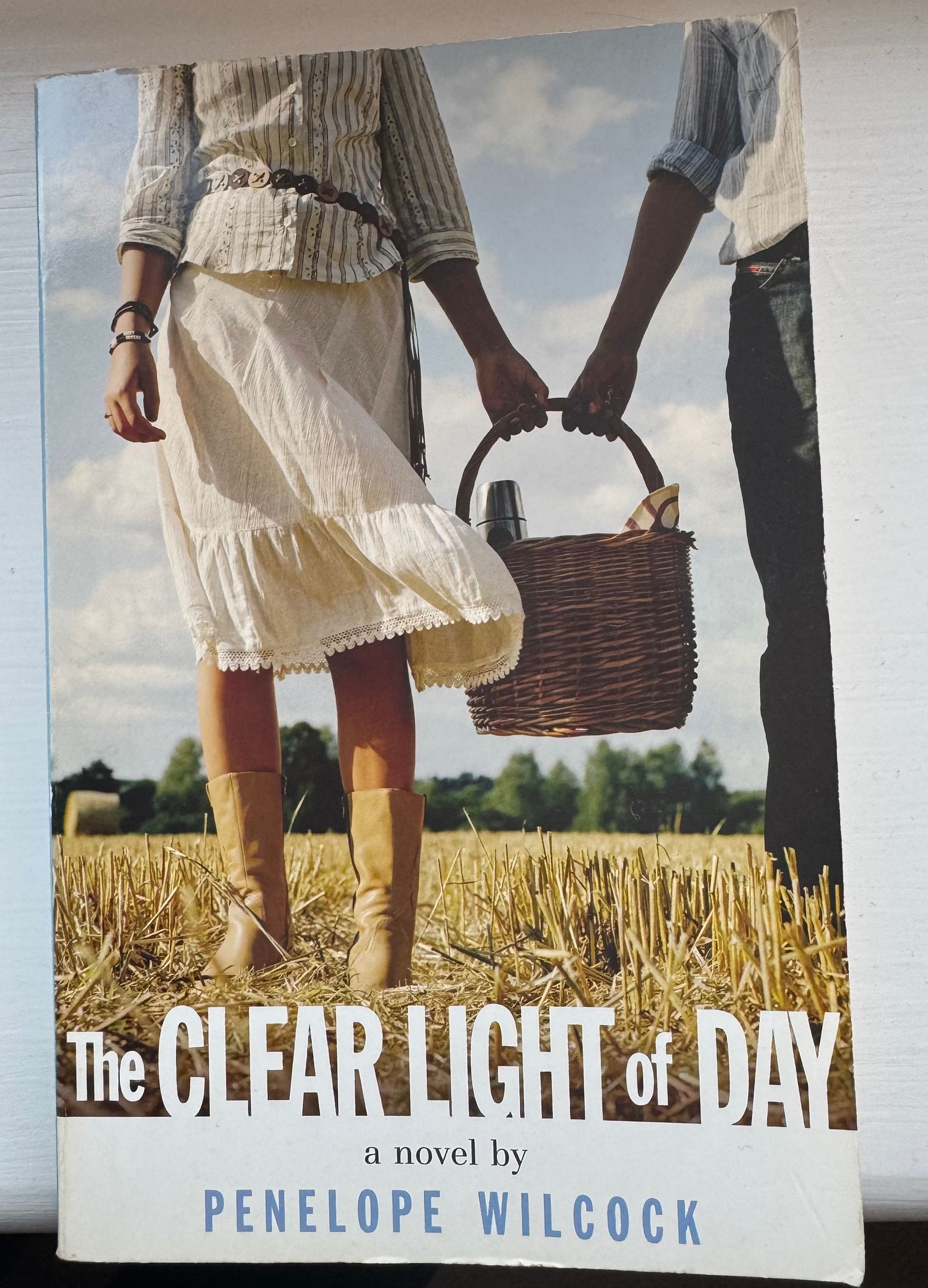 A book cover titled The Clear Light of Day by Penelope Wilcock featuring two people holding a picnic basket in a field.