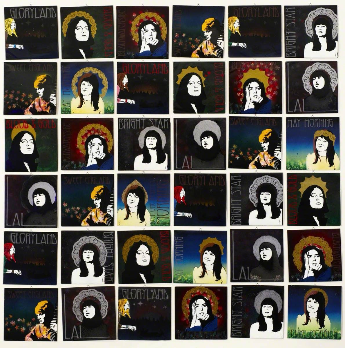 A grid of 36 square panels featuring portraits of individuals with halos, varying color palettes, and recurring text.