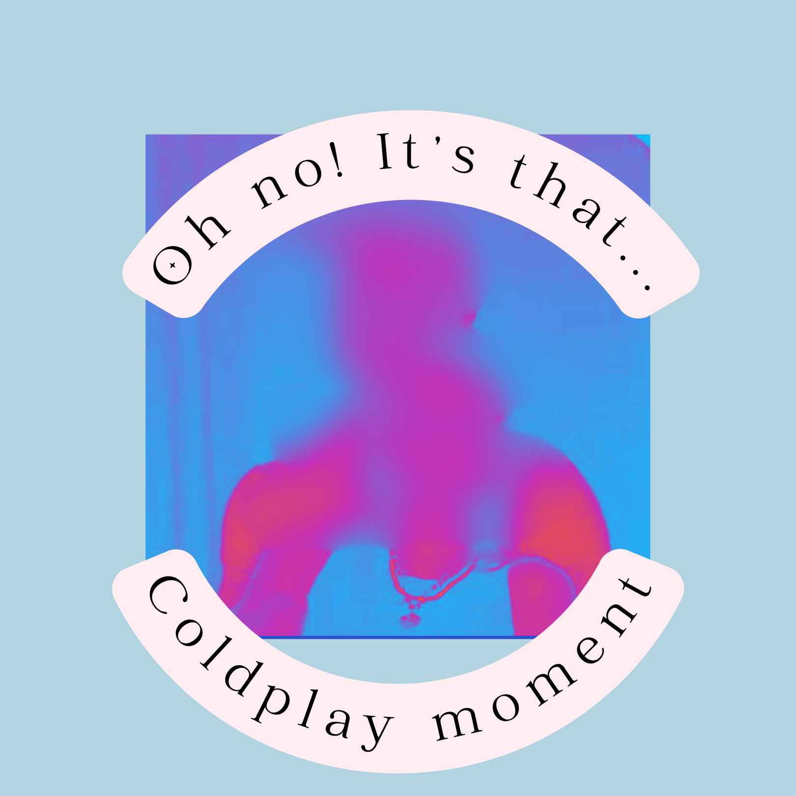 A blurred pink and purple silhouette centered on a blue background, framed by text: