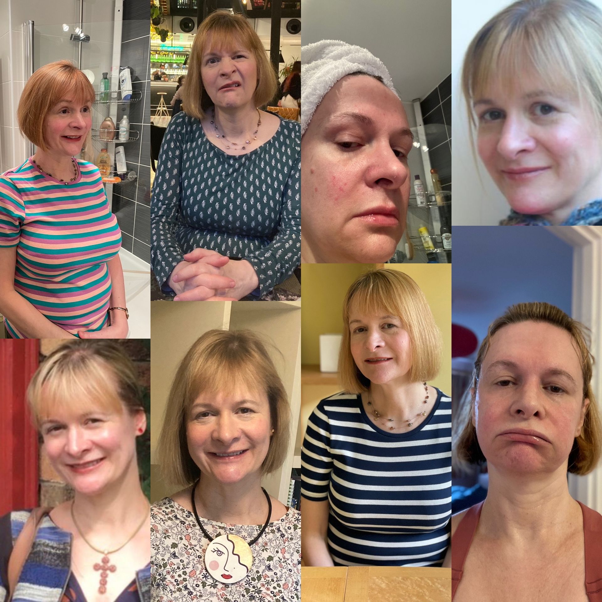 A collage of eight photos featuring the same person in various poses, expressions, and clothing, indoors.
