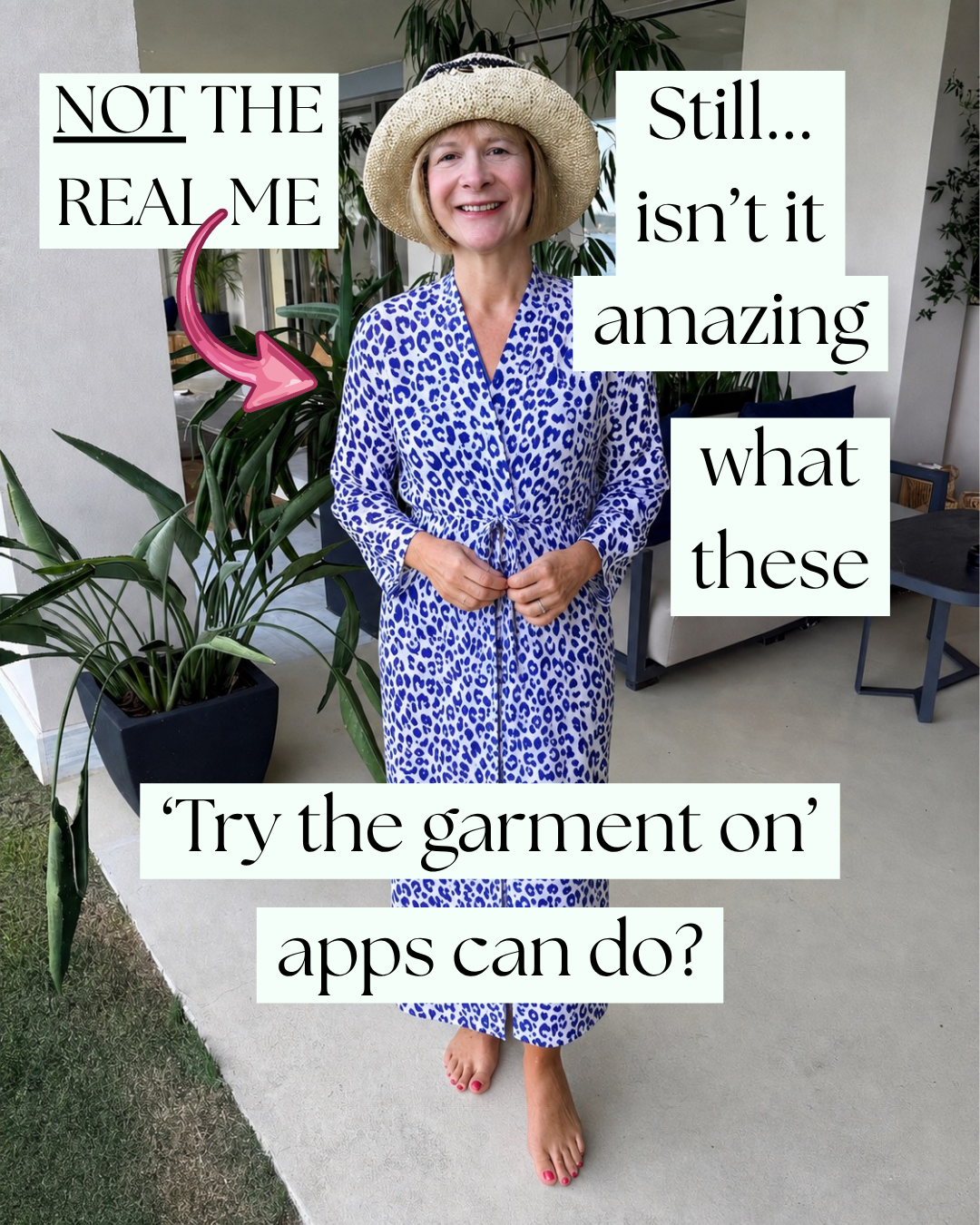 KatrinaRobinsonWriter. Woman wearing blue beachwrap with hat standing by plant and building, with text about virtual garment try-on apps.