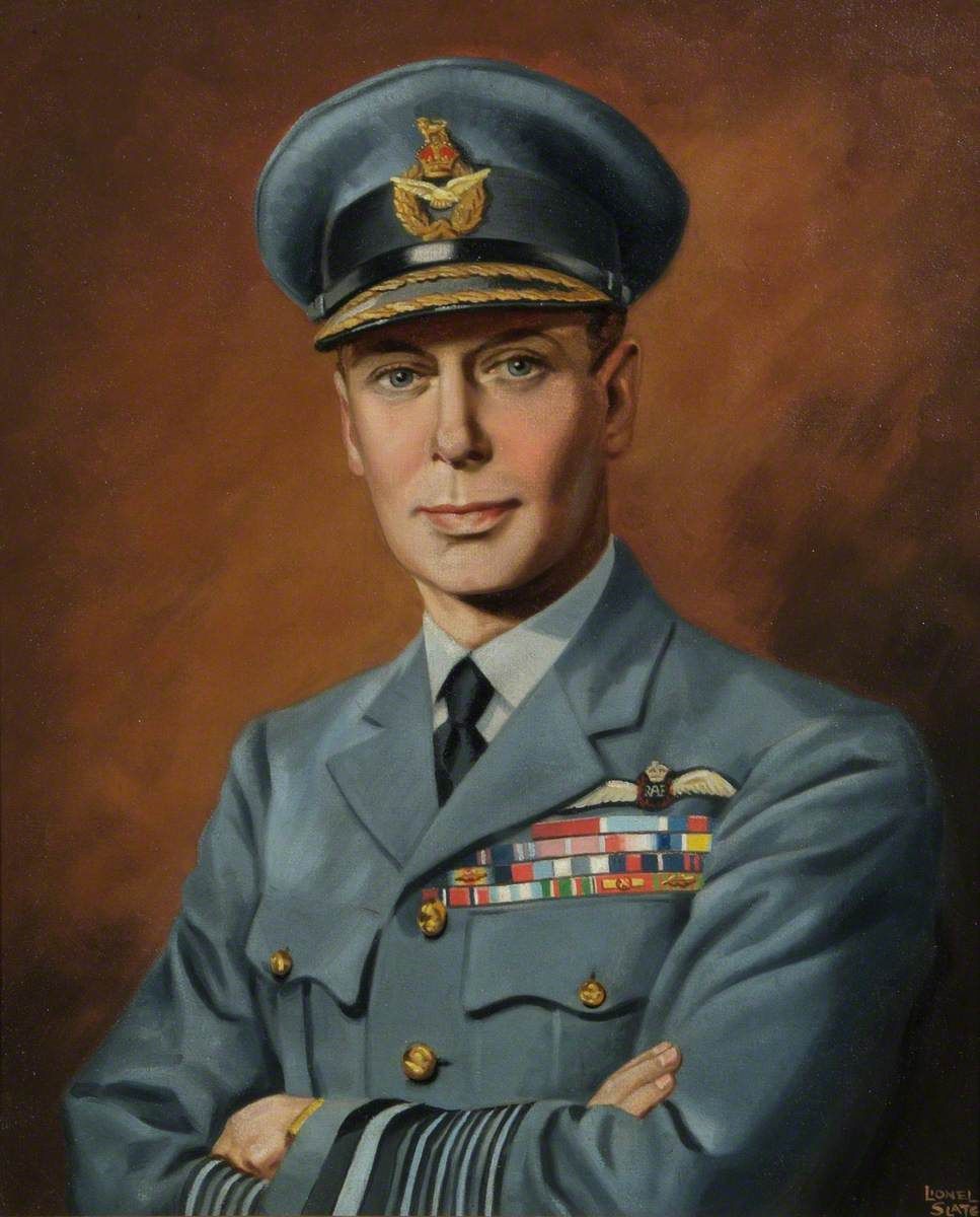 Portrait of a Royal Air Force officer in a blue uniform with medals and peaked cap against a dark brown background.