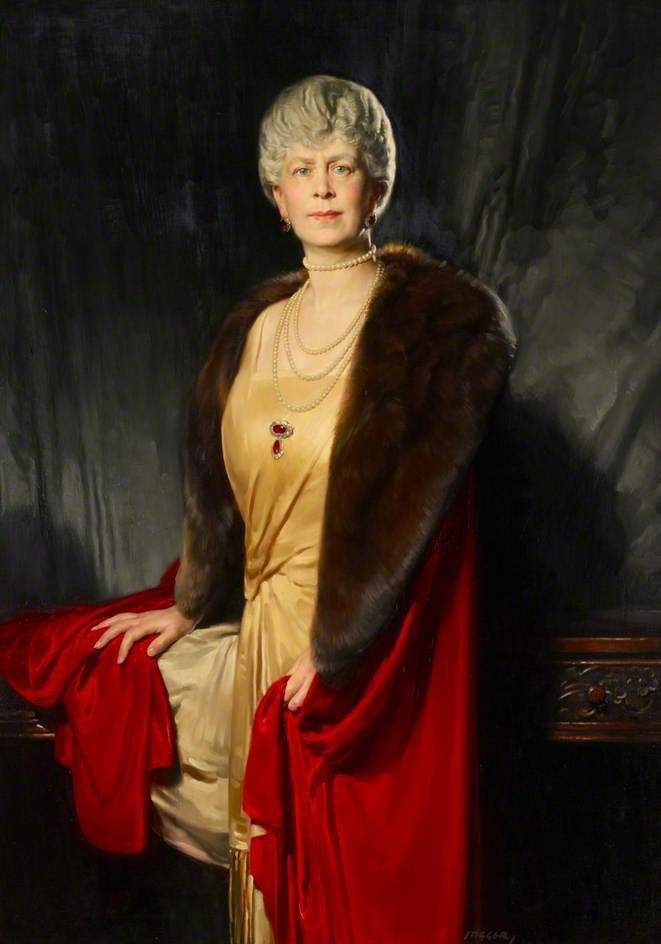 Oil portrait of Queen Mary in a golden dress, dark fur stole, and red velvet cape against a dark background.
