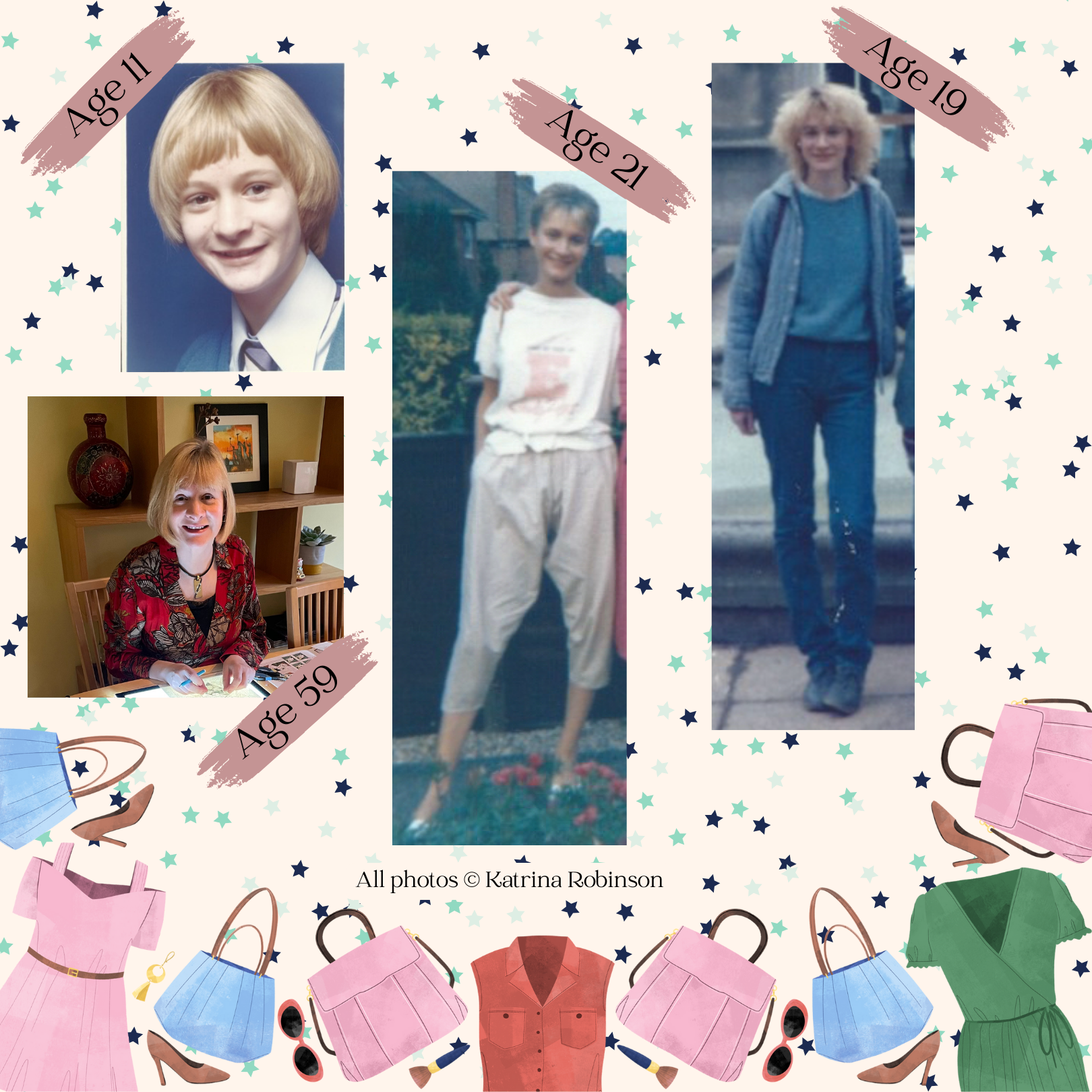 A collage showing four photos of a person at different stages of life, framed by illustrations of clothes and bags.