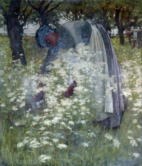 An oil painting of a figure in a bonnet leaning over to harvest white flowers in a grassy field beneath trees.