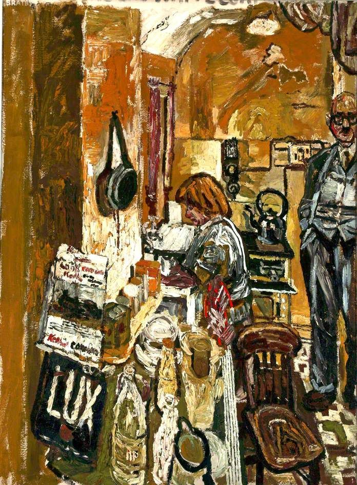 An expressionist painting of a cluttered interior with a figure standing by a table and another standing to the right.