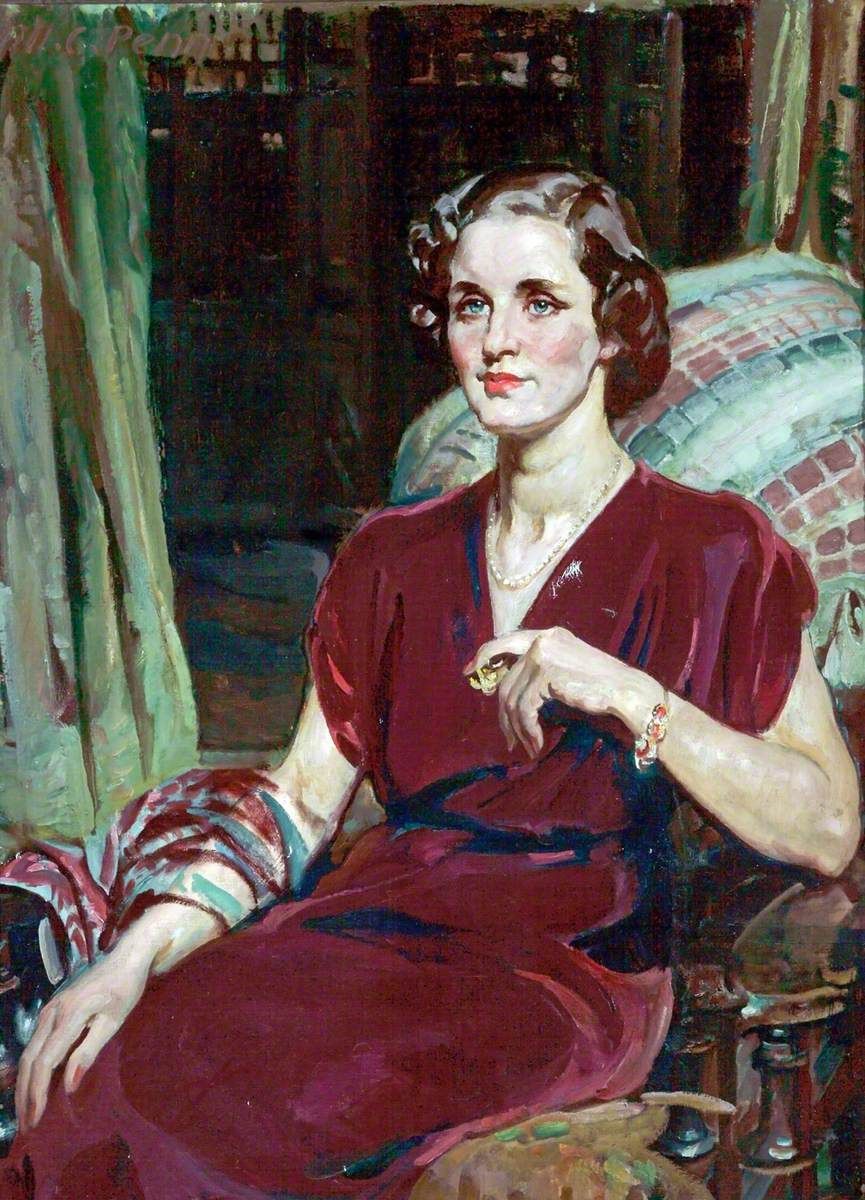 An oil painting of a person in a deep red dress seated in an upholstered chair, posed with one hand resting on their lap.