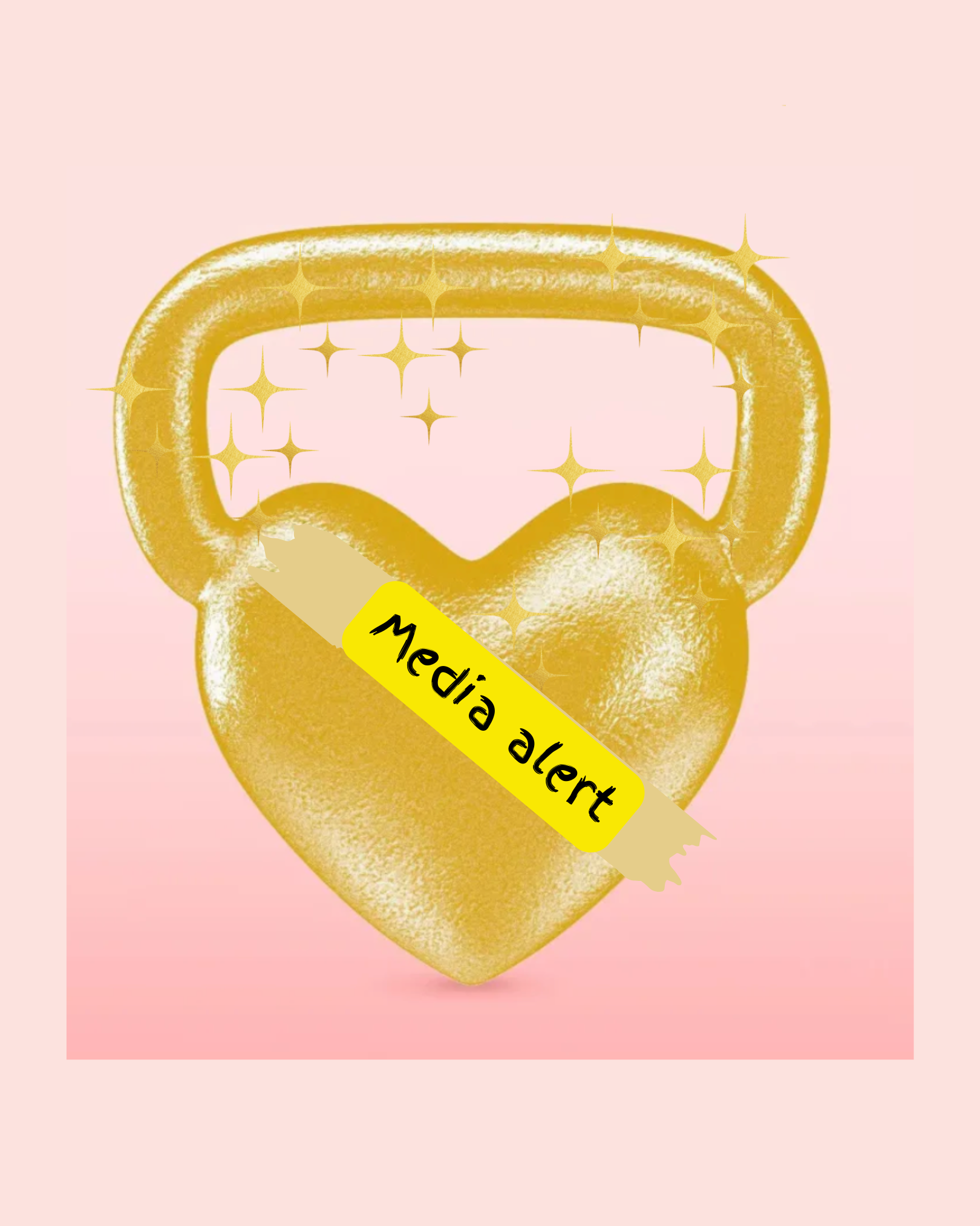 A golden heart-shaped kettlebell with sparkles and a yellow band that says