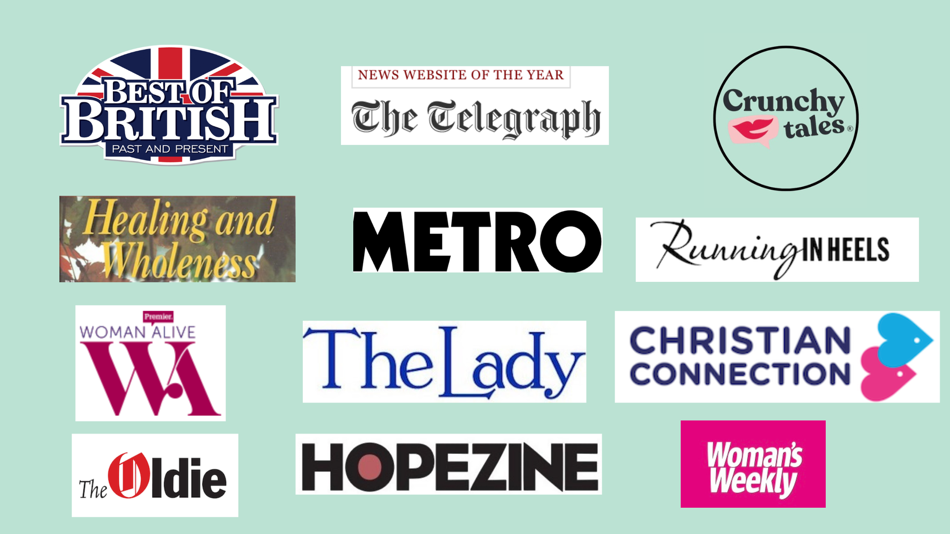 A collage of logos from various media publications, including The Telegraph, Metro, The Lady, and Woman's Weekly.