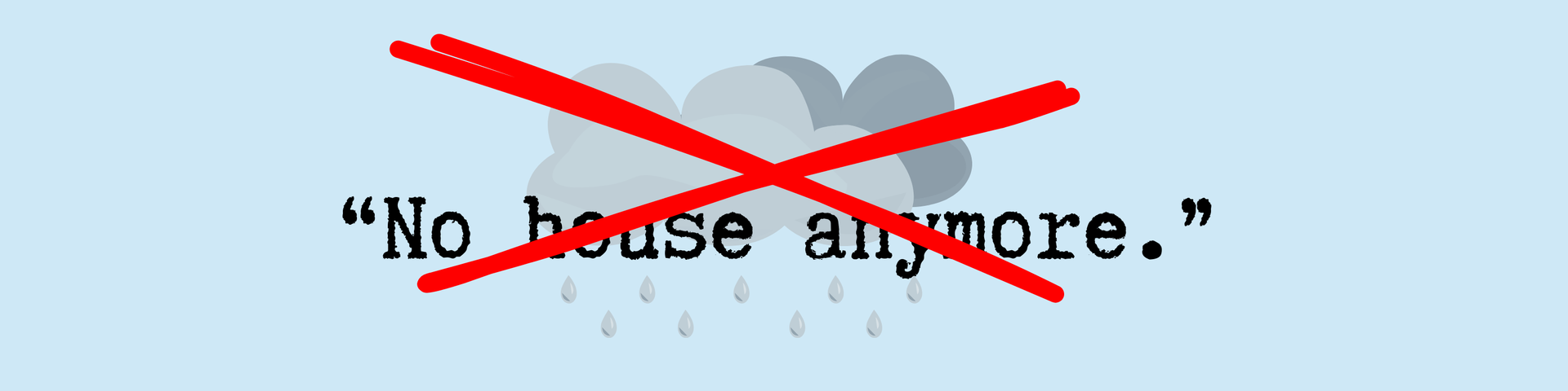 A red X is drawn over gray rain clouds and the text 