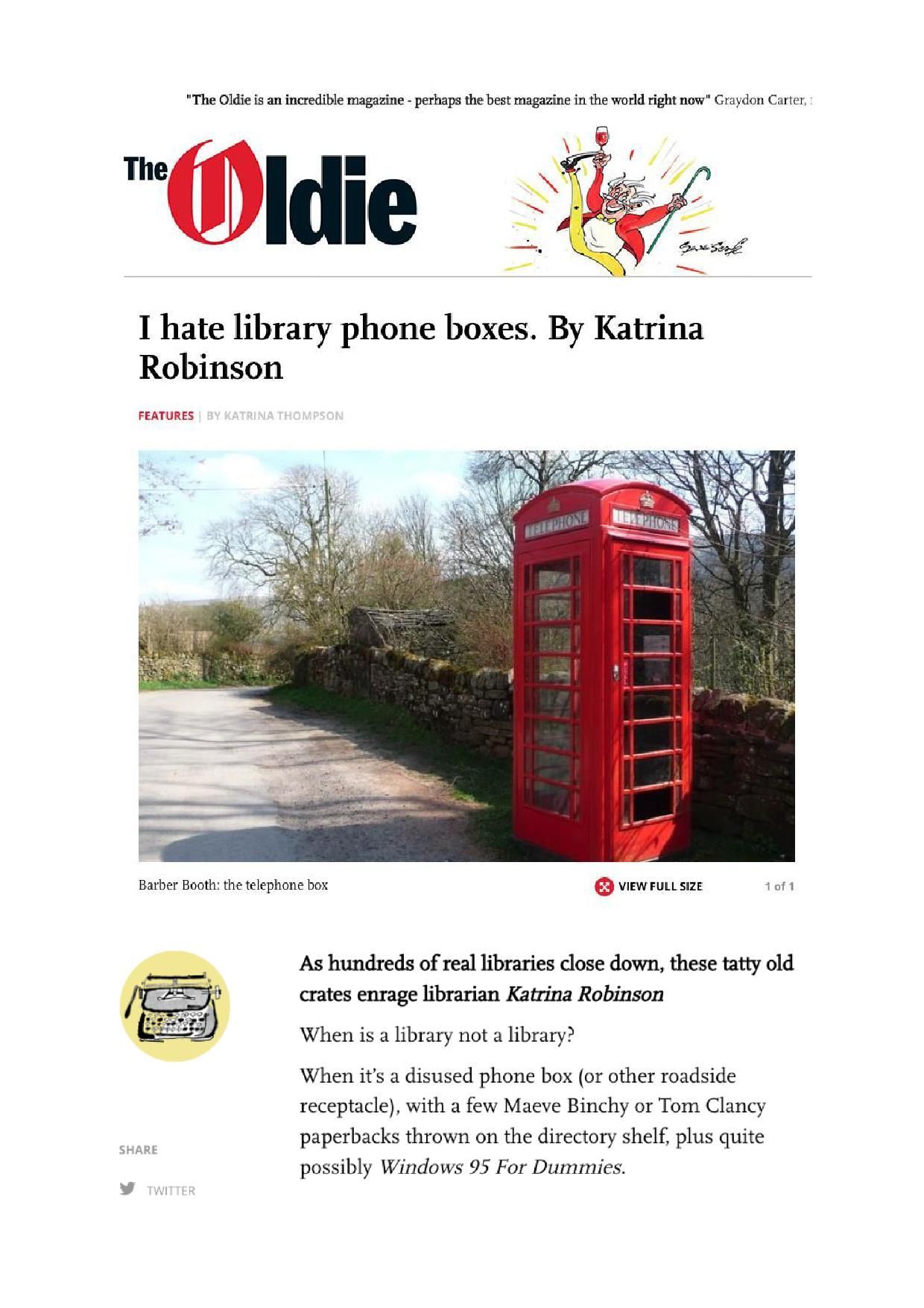 A red British phone box stands by a stone wall on a country road, featured in an article from The Oldie magazine.