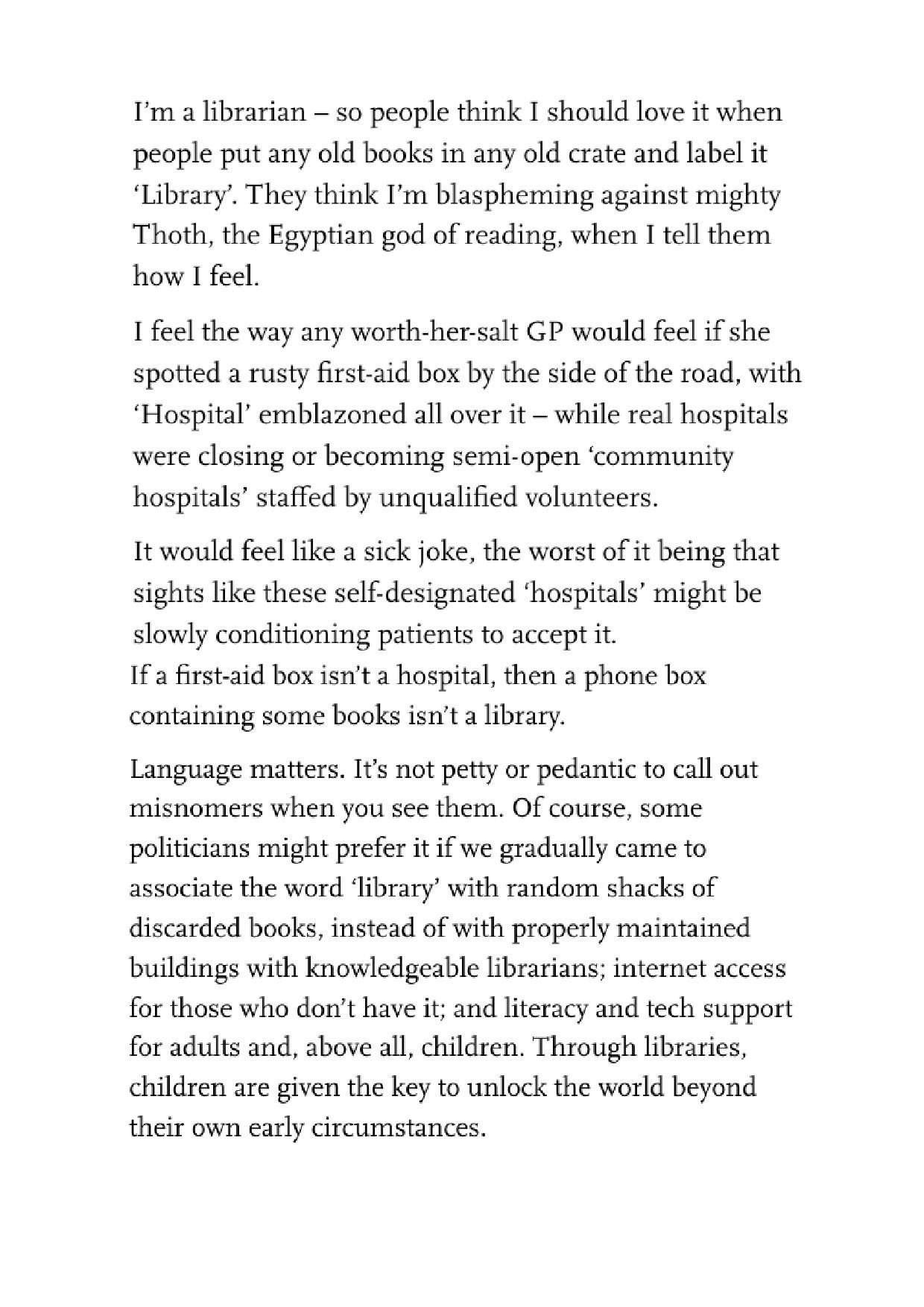 A text-heavy image expressing a librarian's frustration with the devaluation of public libraries by comparing them to bins.