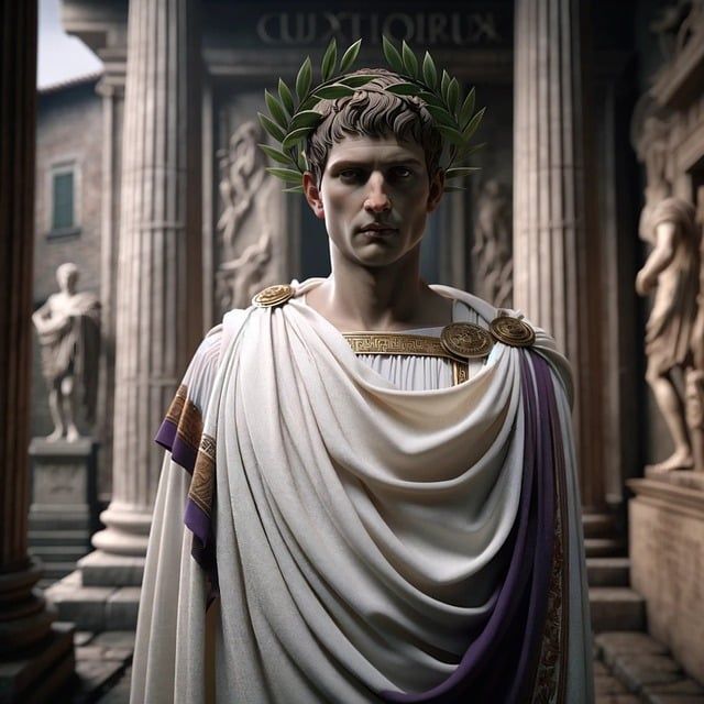 A person wearing a laurel wreath and a white Roman toga with purple trim, standing in an ancient architectural setting.