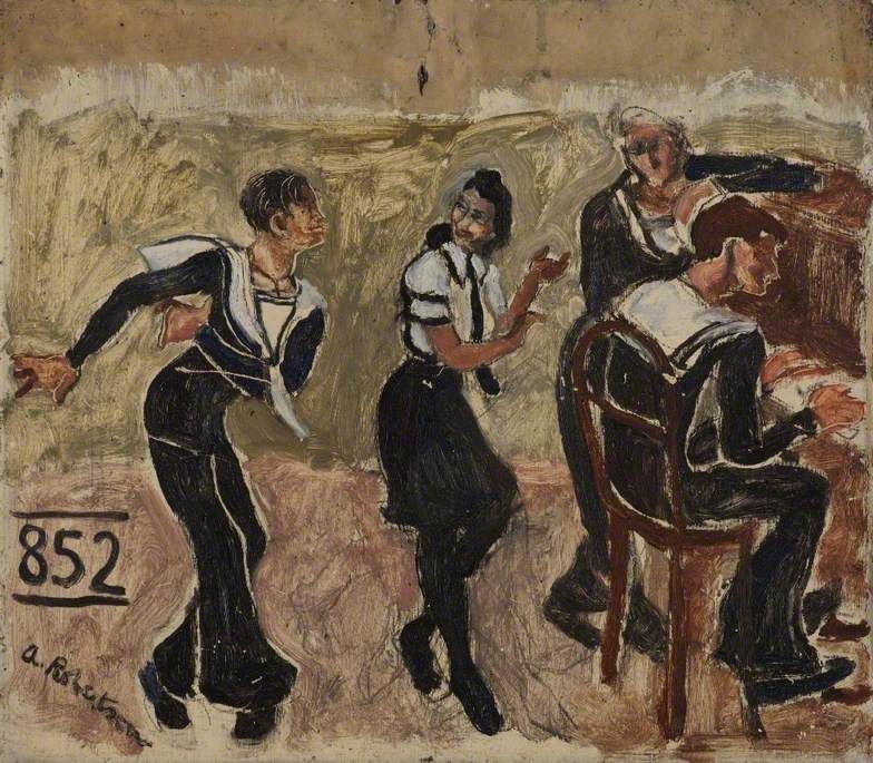 A painting depicts three individuals in sailor-style uniforms with dark clothing, engaging in a social scene.