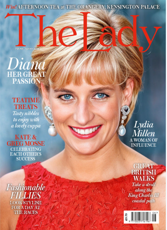 Magazine cover of The Lady featuring a portrait of Diana, Princess of Wales, wearing a red dress and pearl earrings.