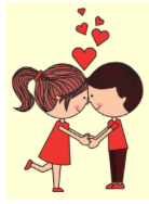 A cartoon of two people touching foreheads and holding hands under a cluster of floating red hearts.