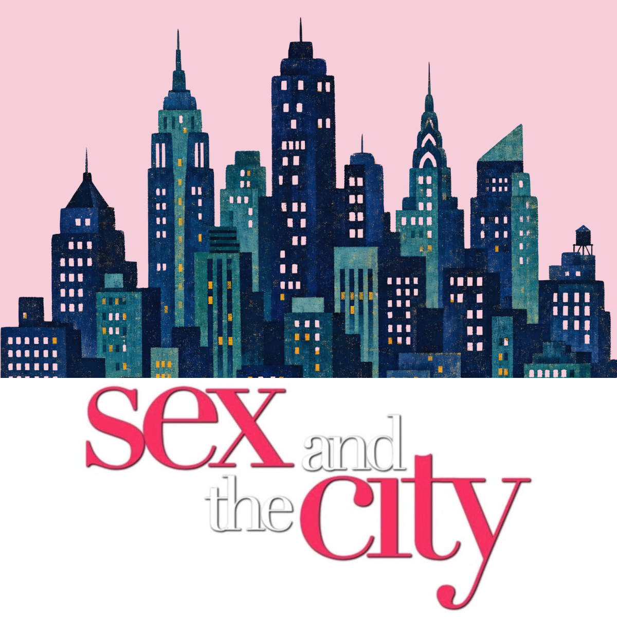 Sex and the City title over a stylized blue city skyline on a pink background