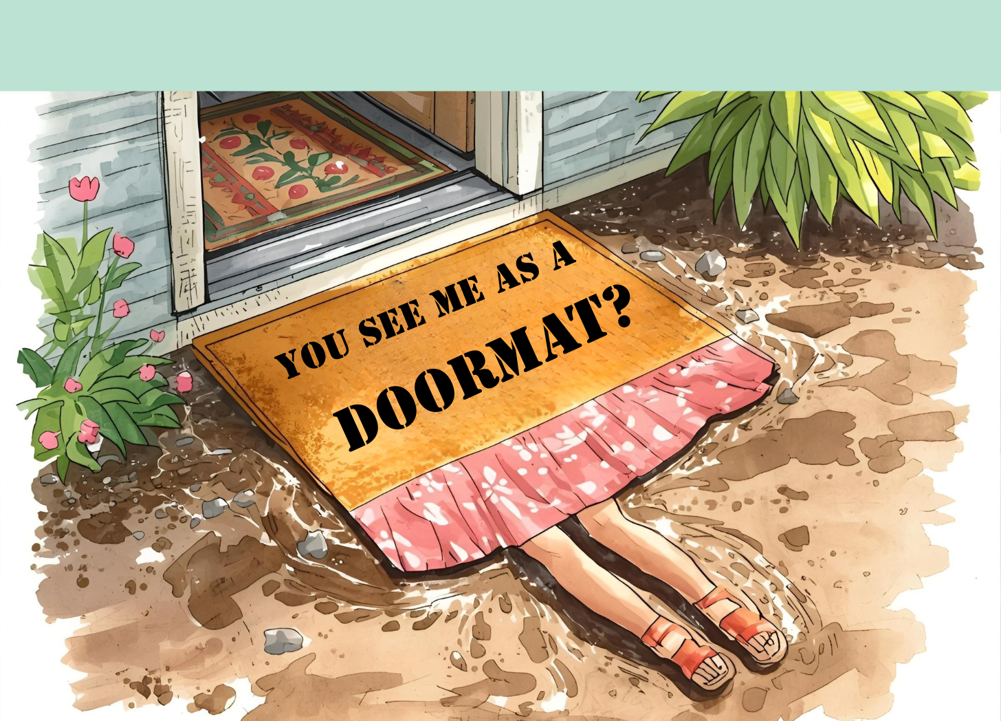A person lying face down under a doormat that reads