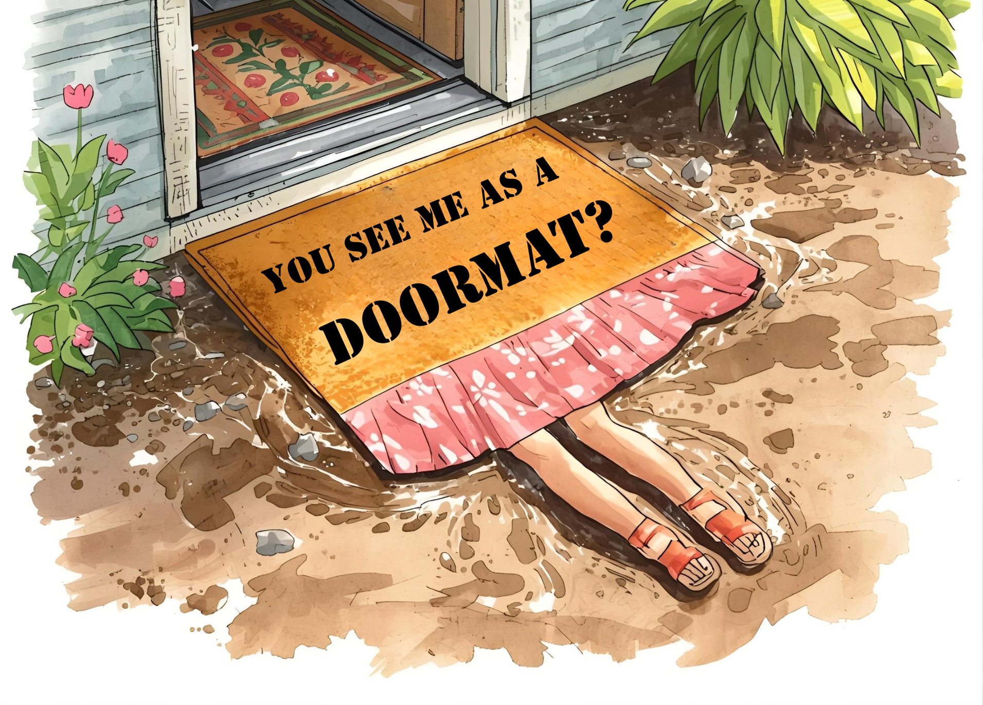 A doormat lies on the ground with the text