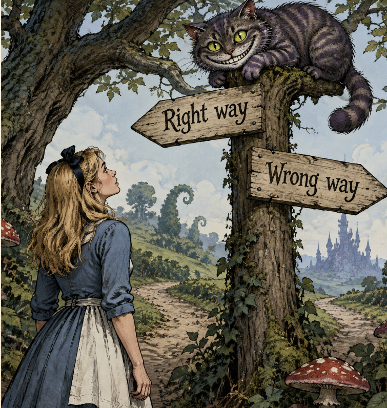 Girl looks at a cat atop a signpost labeled “Right way” and “Wrong way” in a forest path.