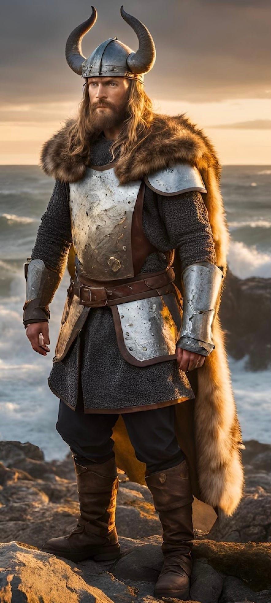 A bearded warrior in a horned helmet, plate armor, and fur cape stands on a rocky shore overlooking the ocean.