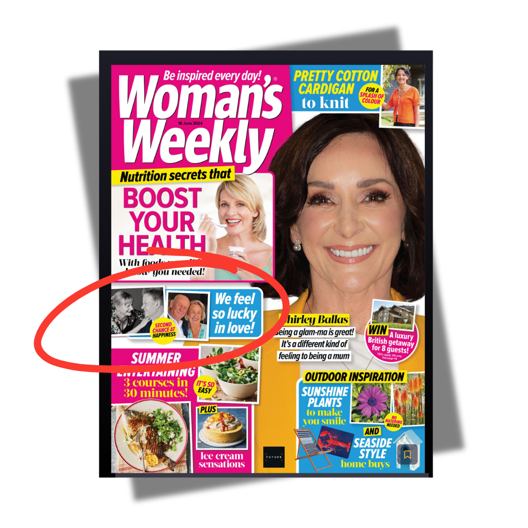 A Woman's Weekly magazine cover with a red circle highlighting a snippet about finding love.