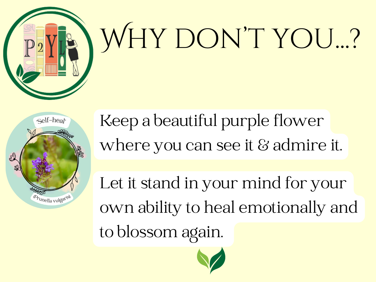 An inspirational graphic with a purple flower image and text:
