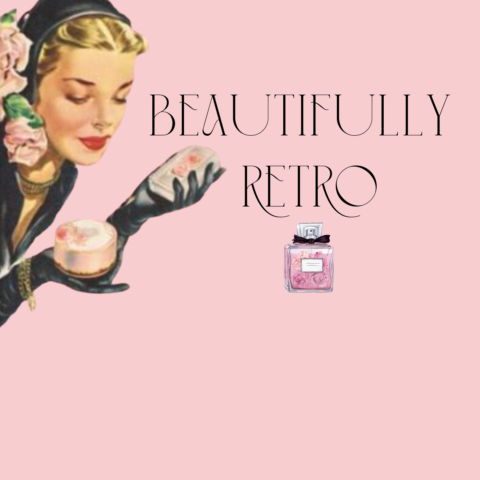 Illustration of woman in black gloves with a powder compact. Text reads