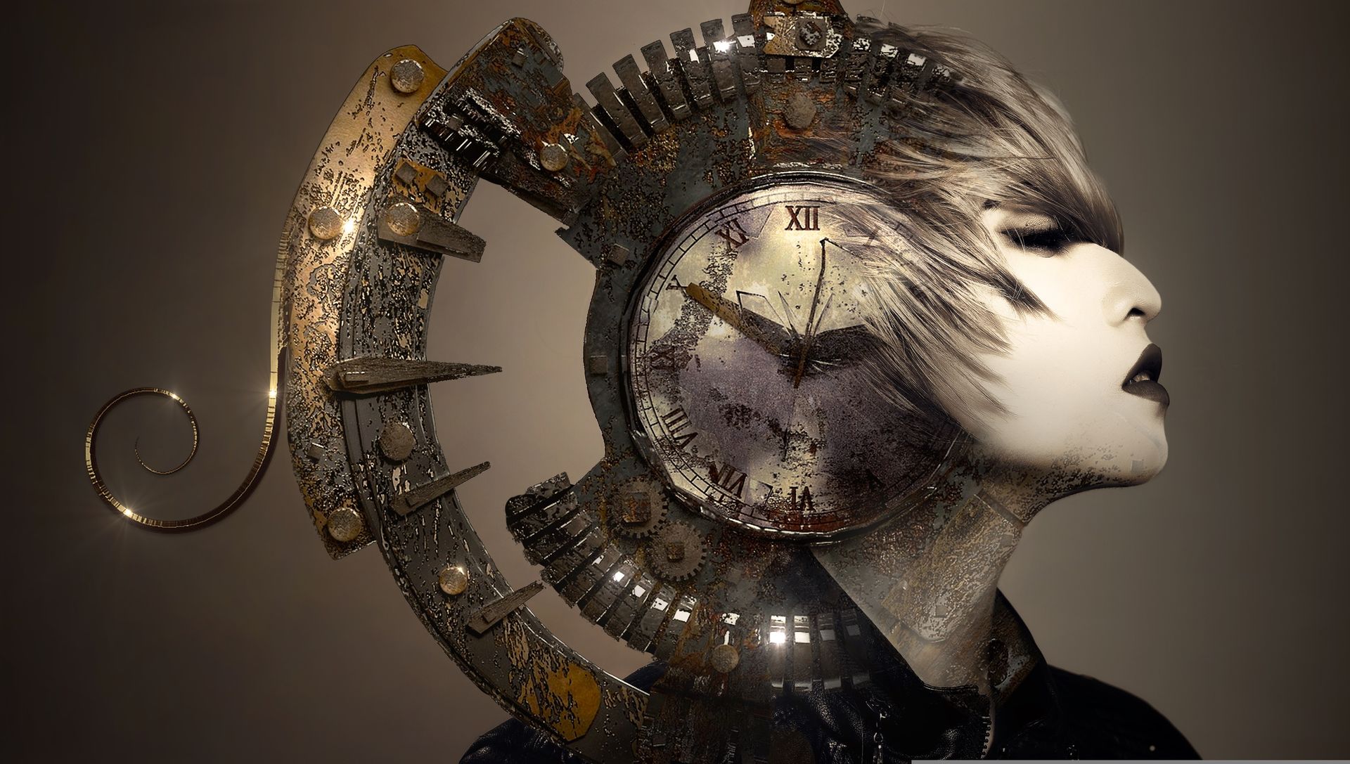 Surreal metallic head sculpture with gears and a white face in profile on a dark background