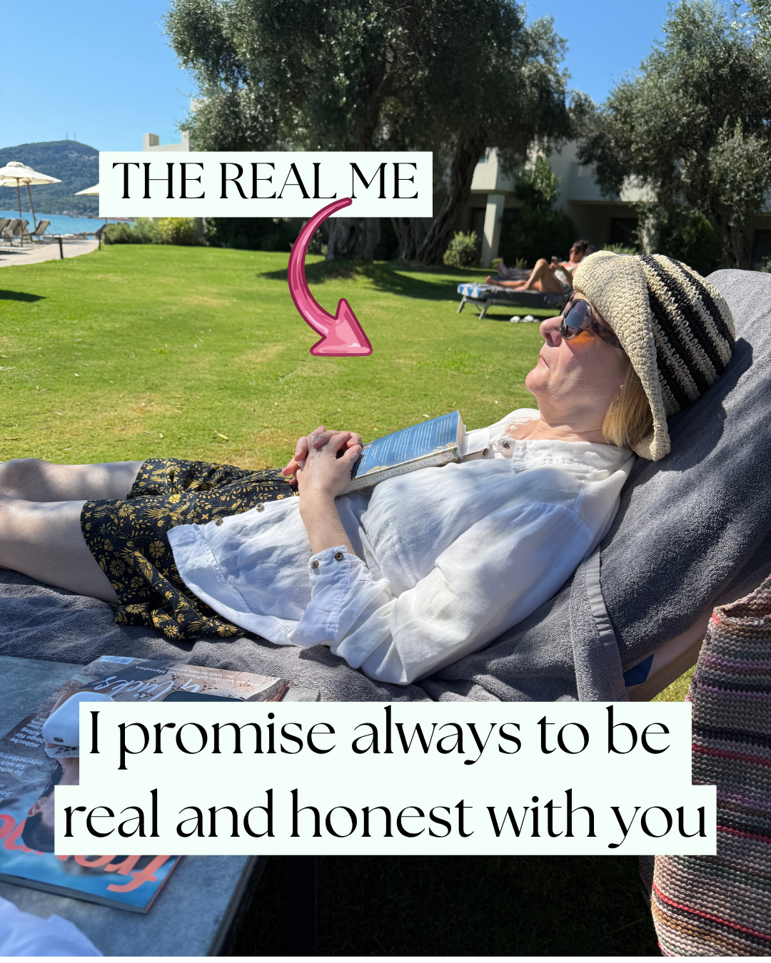 Katrina Robinson Writer reclining outdoors on a lawn chair with text saying “THE REAL ME” and “I promise always to be real and honest with you”