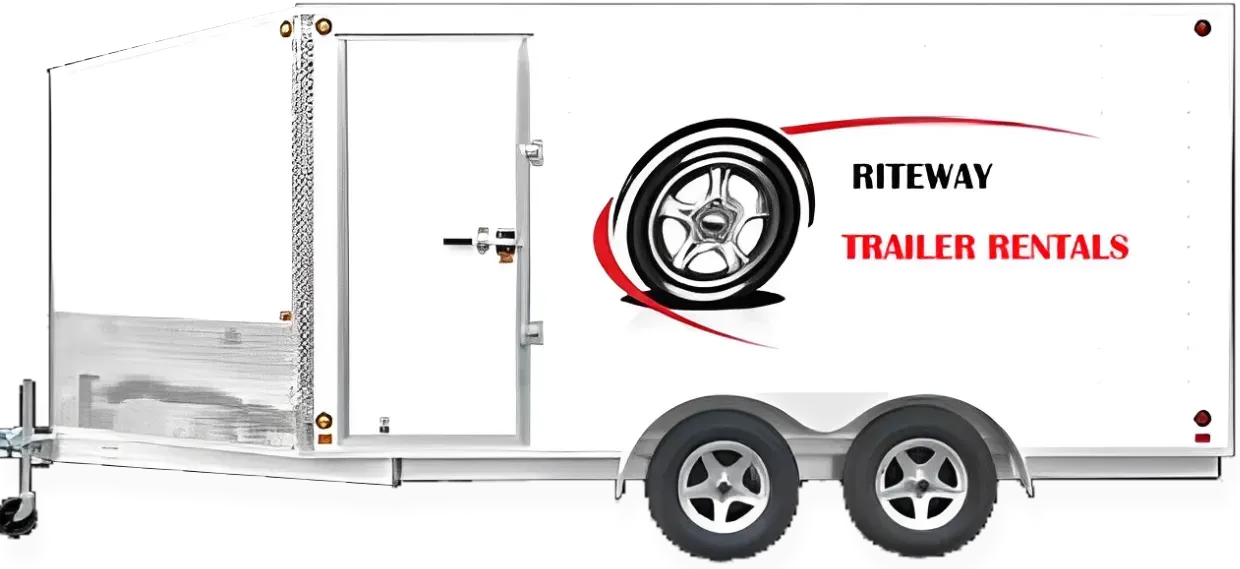 White enclosed dual-axle trailer with logo and text “Riteway Trailer Rentals” on the side