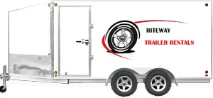 White enclosed dual-axle trailer with logo and text “Riteway Trailer Rentals” on the side