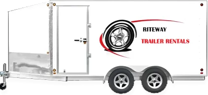 White enclosed dual-axle trailer with logo and text “Riteway Trailer Rentals” on the side