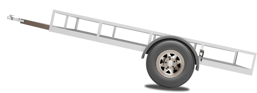 Small metal trailer ramp with one wheel and a hitch, isolated on a white background