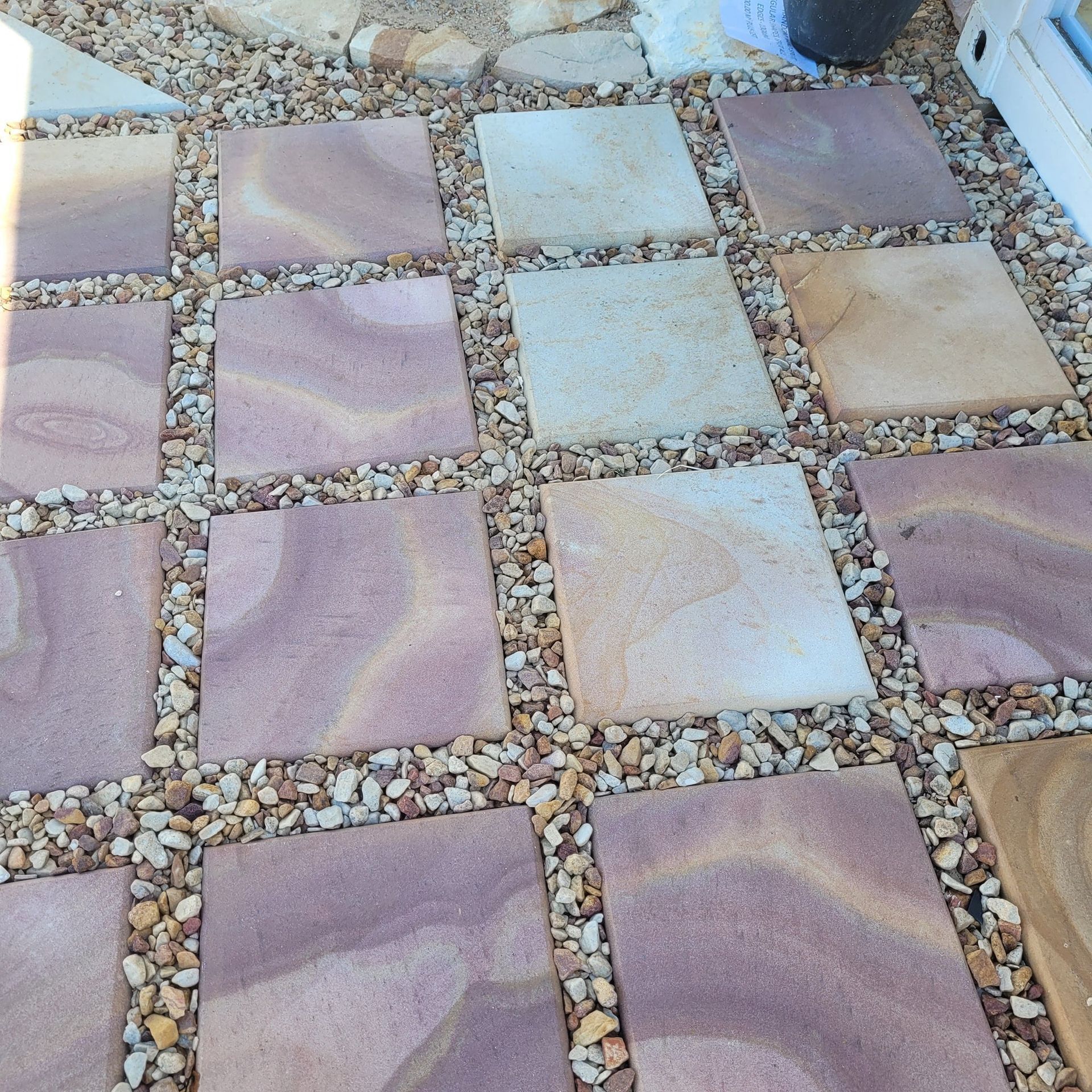 Square Stepping Stones in Purple and Beige Gravel Pathway — Australian Sandstone Products In Dalby, QLD