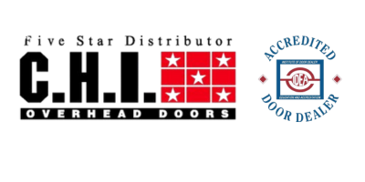 The logo for c.h.i. overhead doors is black and red.