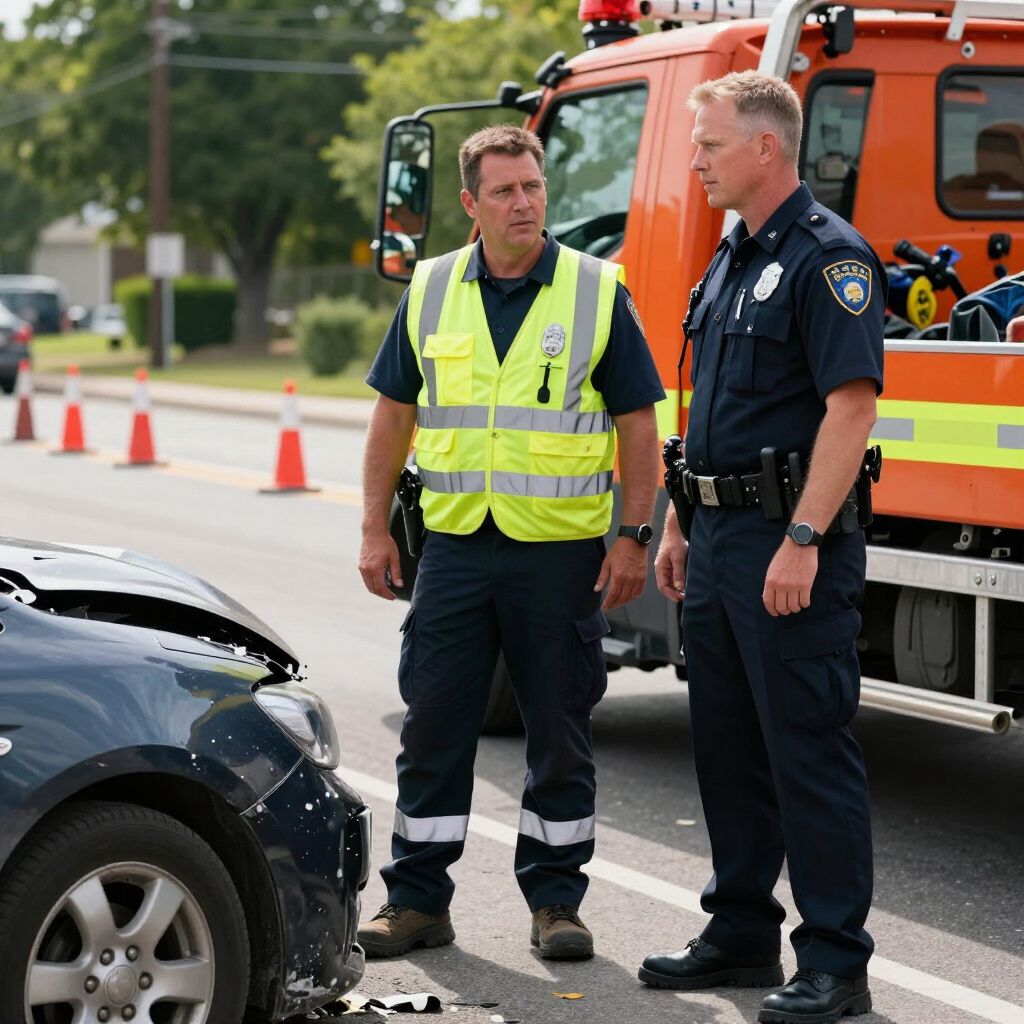 Emergency responders at a car accident scene; a damaged blue car, fire truck in background.