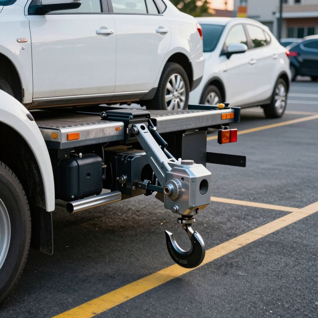 Tow truck with a white car loaded on its bed, another white car in the background.