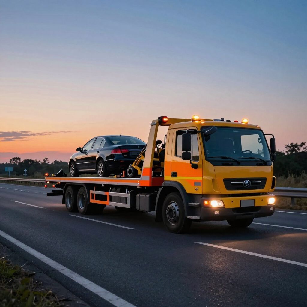 Tow truck carrying a black car on a highway at dusk, with orange and yellow lights on.