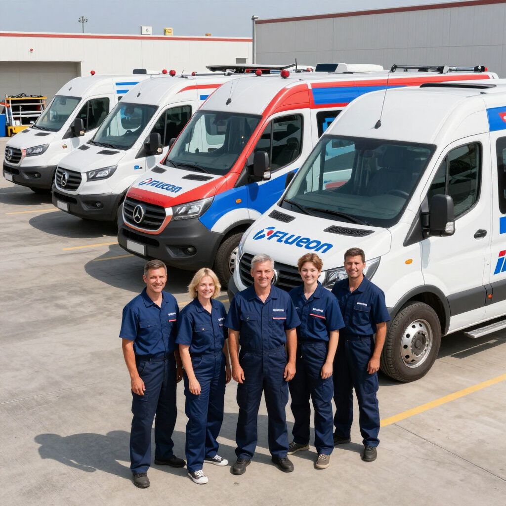 Five people in blue uniforms stand in front of a line of medical vans with company logo.