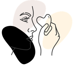 Minimalist line drawing of a person using a heart-shaped gua sha tool on their face against soft-colored abstract shapes.