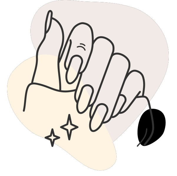 Minimalist line art of a hand with manicured nails, accented by two star icons and abstract beige and black shapes.