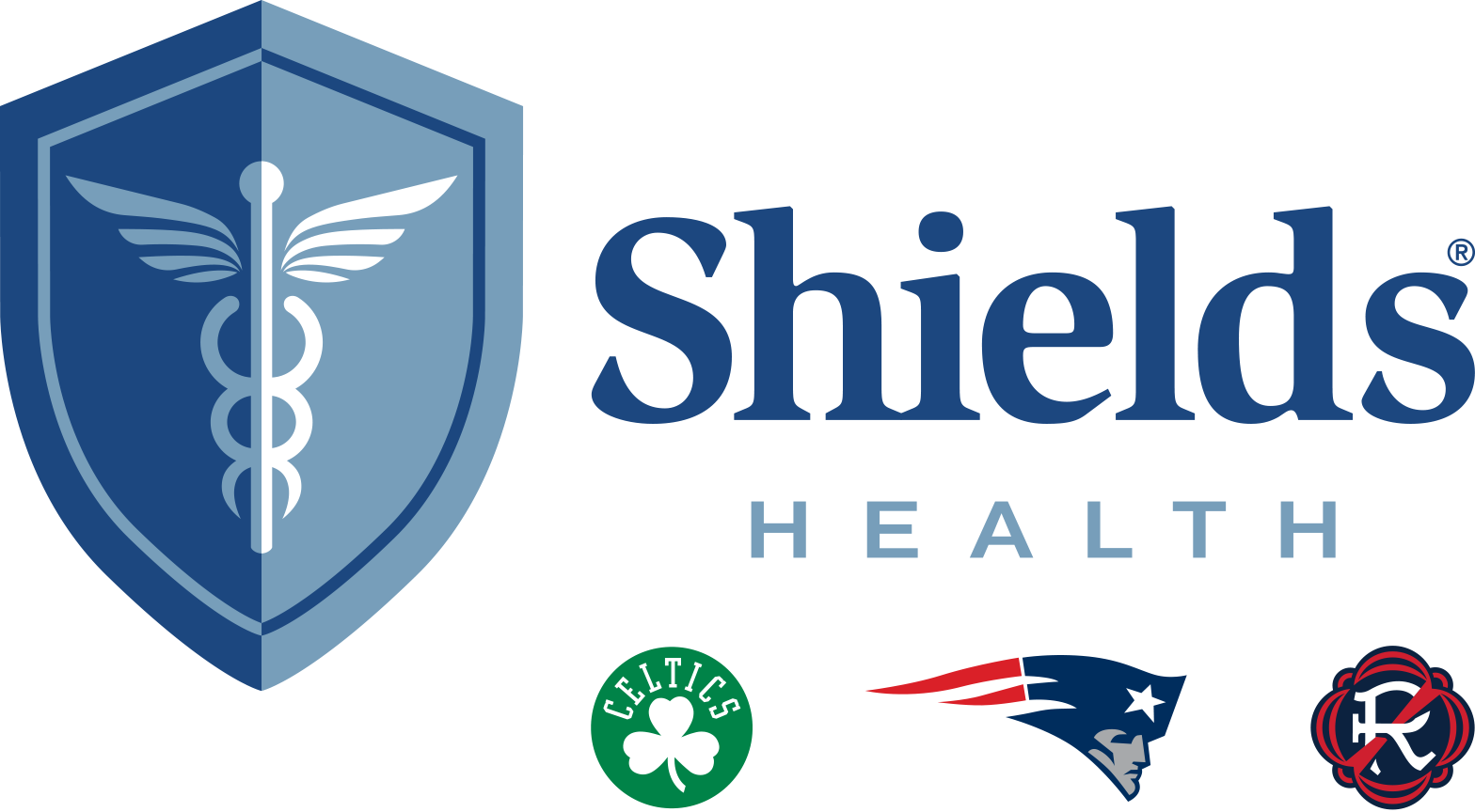 The logo for shields health shows a shield with a caduceus on it.