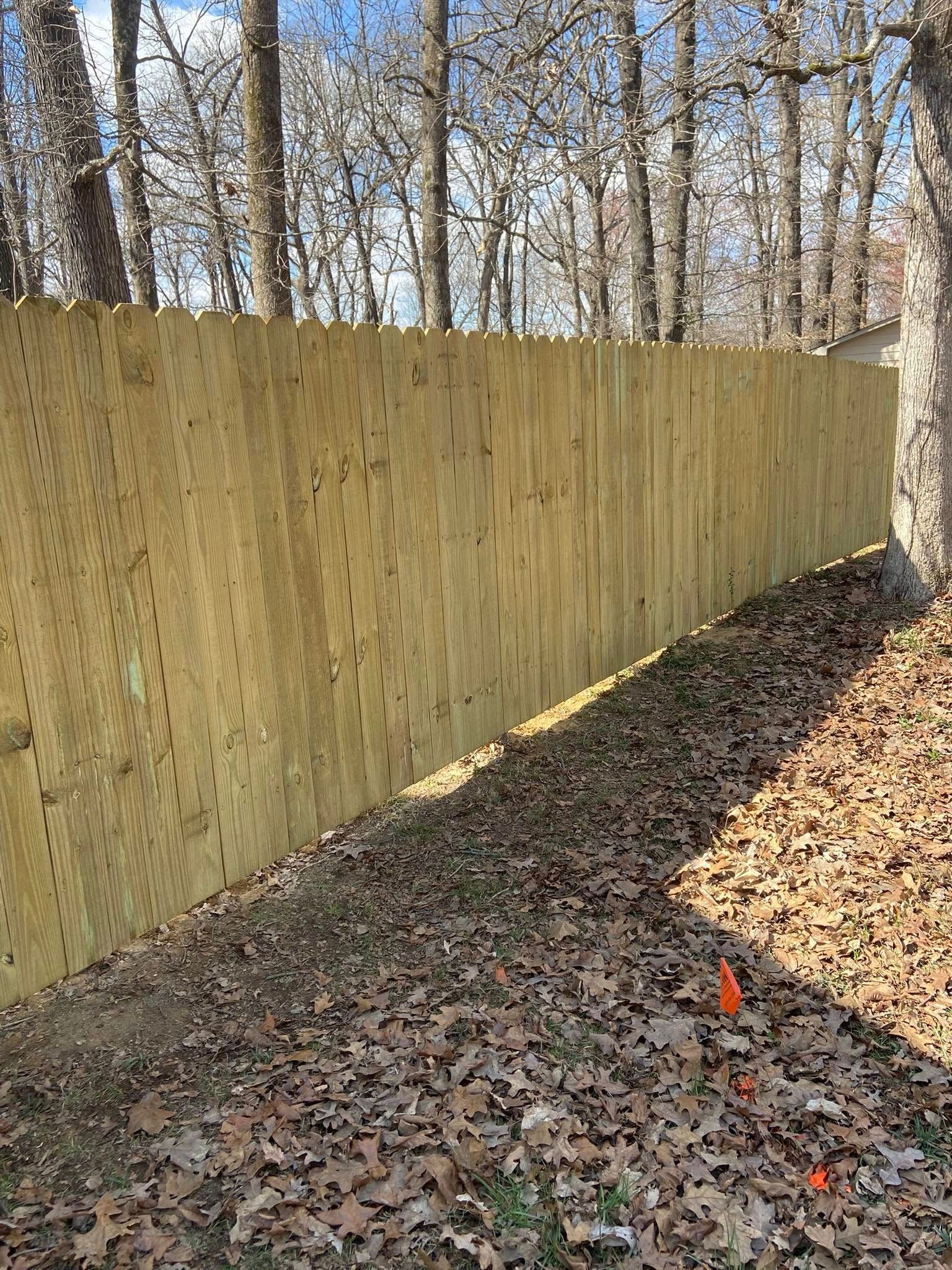 Wooden privacy fence in front of a forest with fallen leaves on the ground.