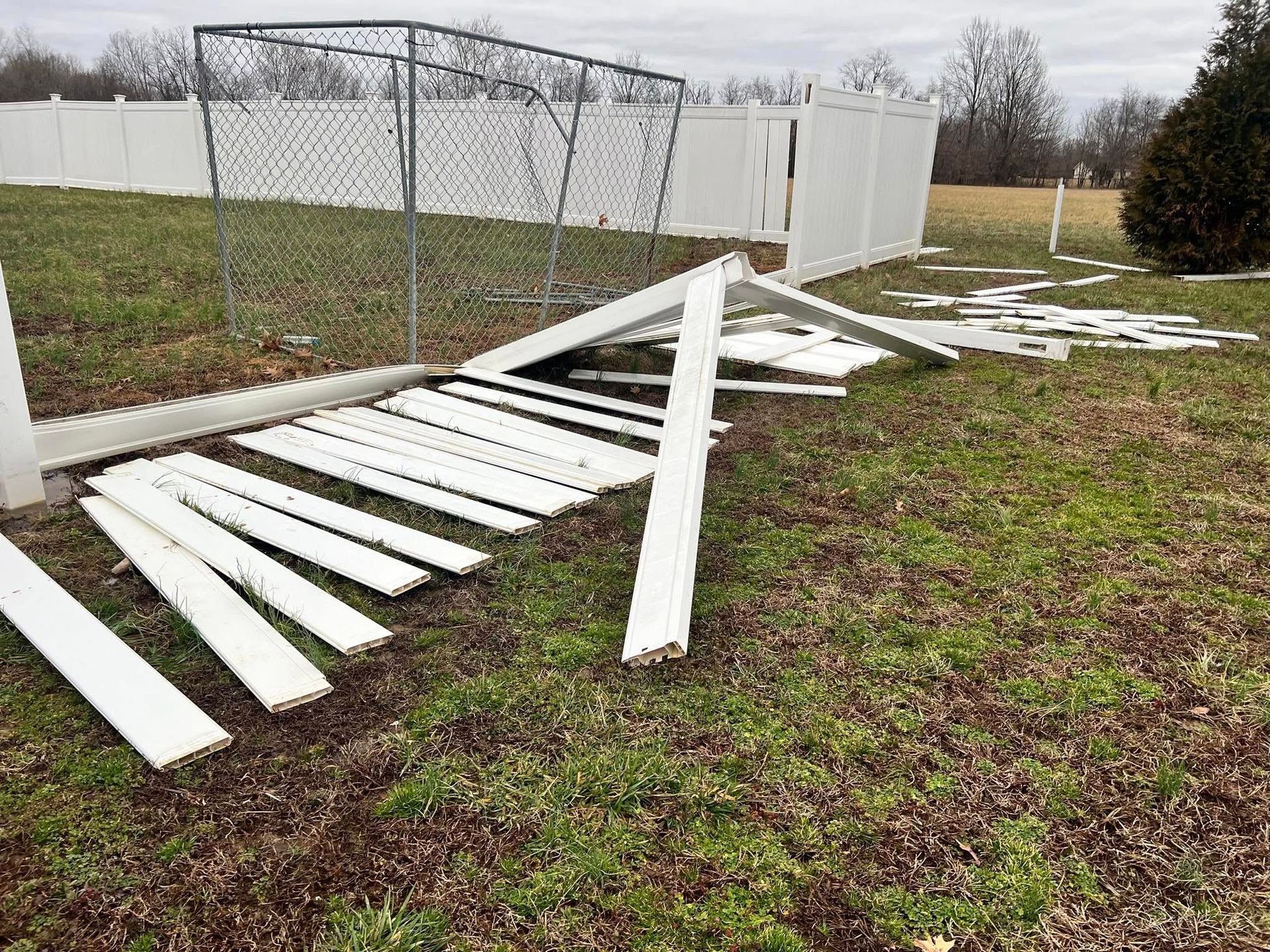 Fallen white picket fence sections on a grassy lawn next to a chain-link fence and a white fence.