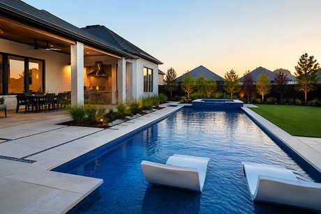 Luxury backyard with pool, spa, fire pit, and gazebo at sunset.