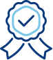 Blue and white award ribbon with a check mark, indicating quality.