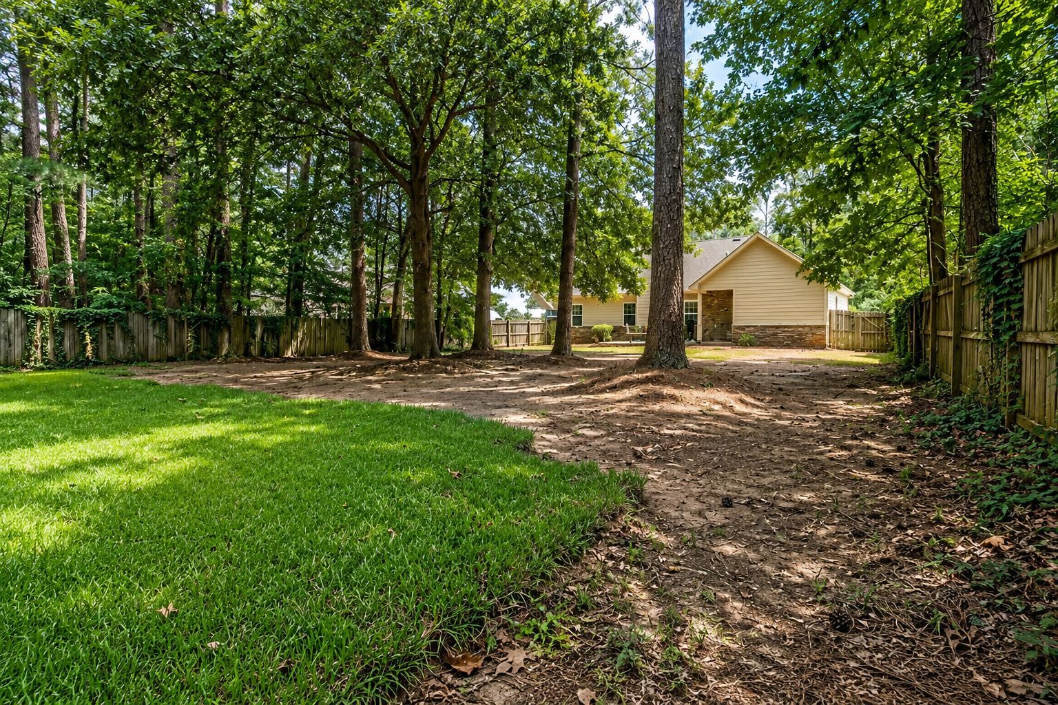 Backyard with green lawn, tall trees, and a small tan shed beside a dirt path